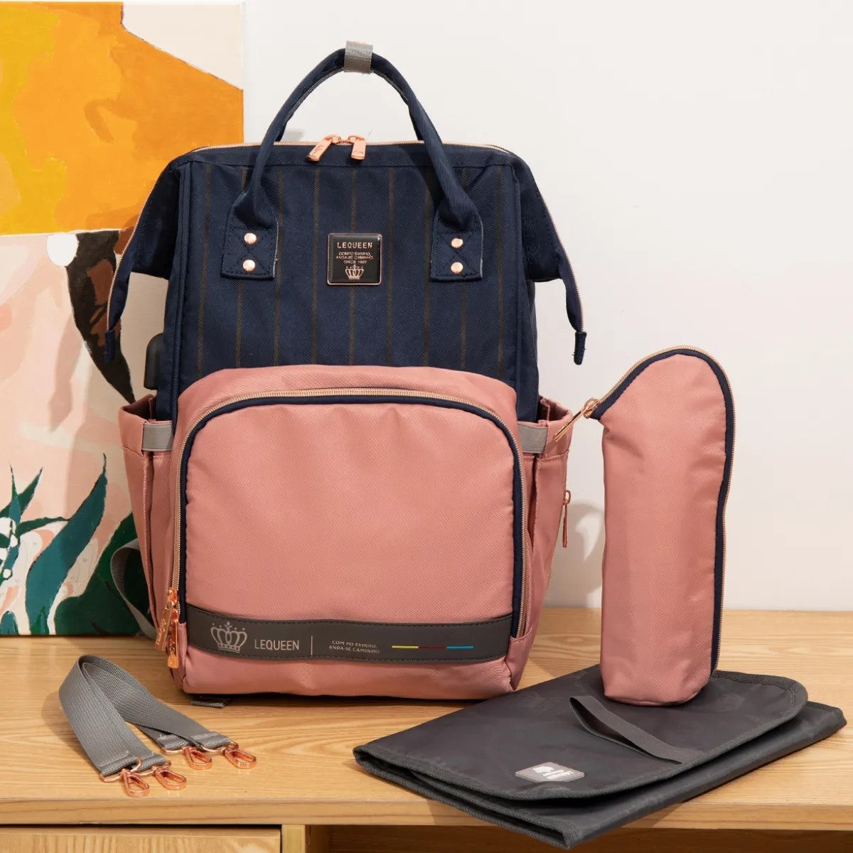 Diaper Bag with pink and rose gold accents