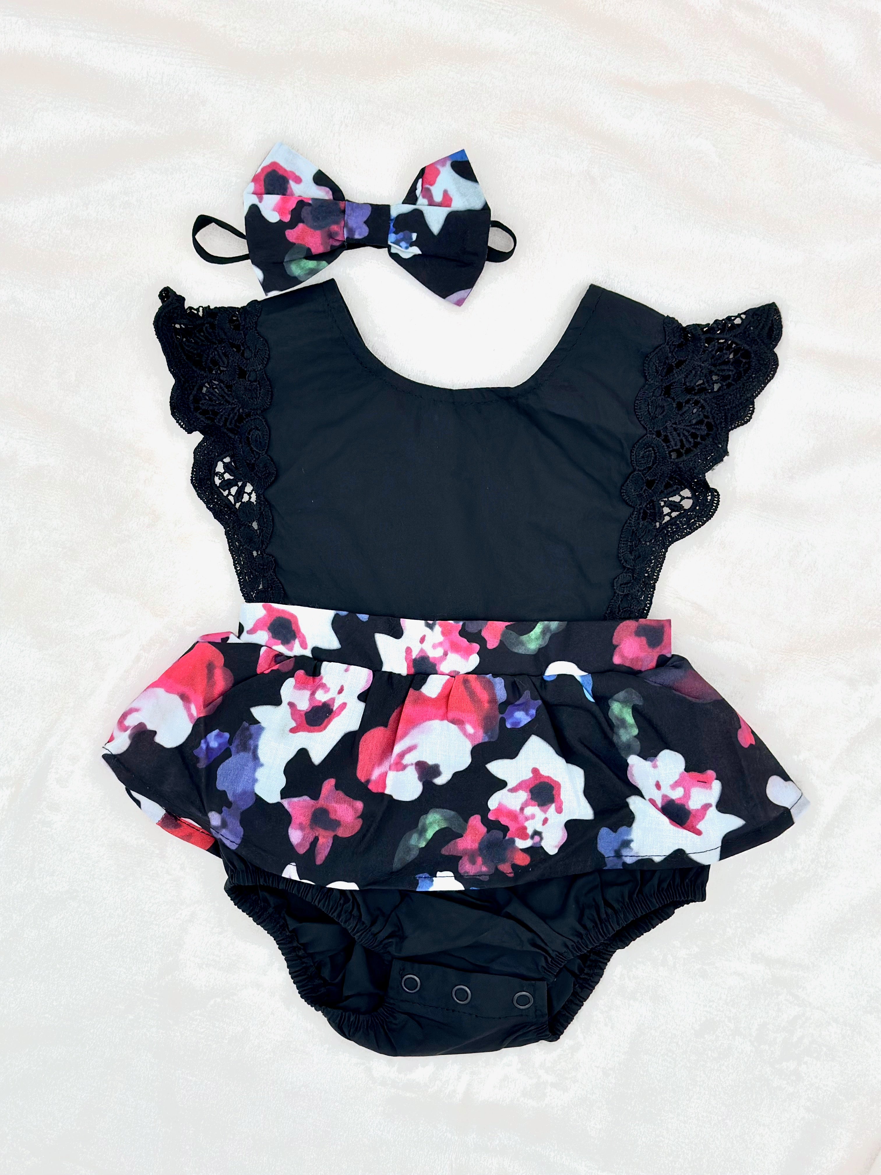 Infant Floral Print Lacey Sleeved Romper w/ Headband Set