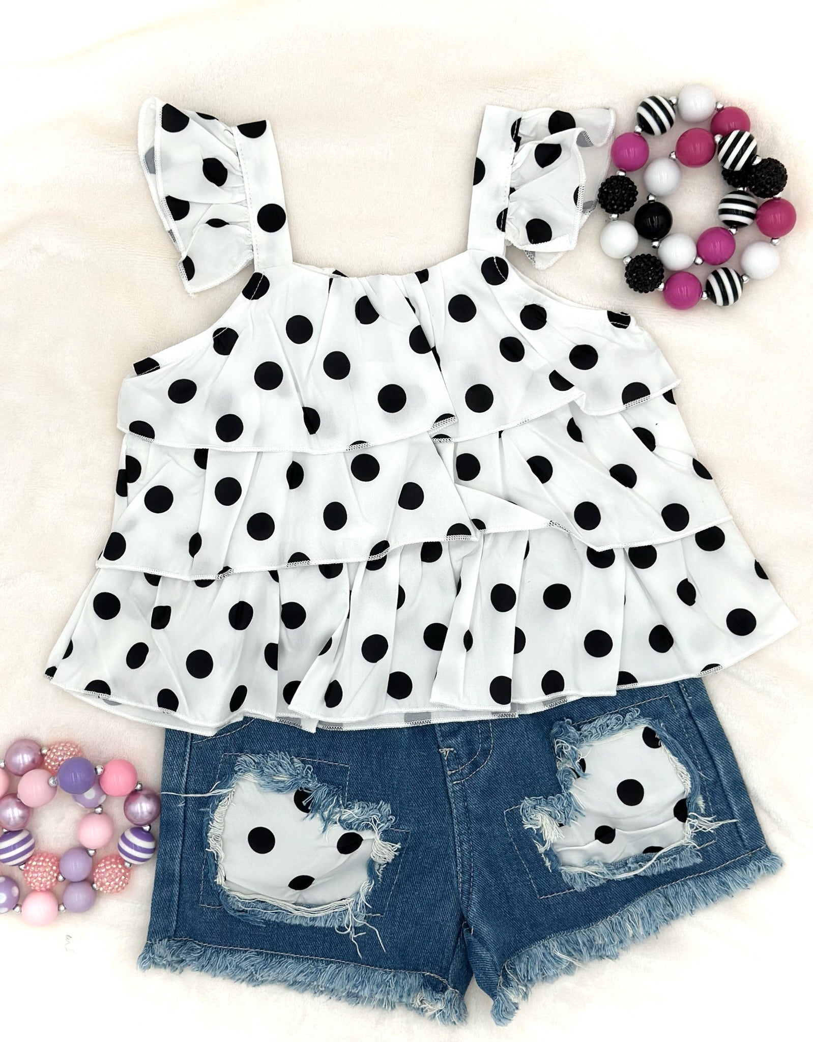 Polka Dot Tank Top with Denim Jean Shorts Outfit