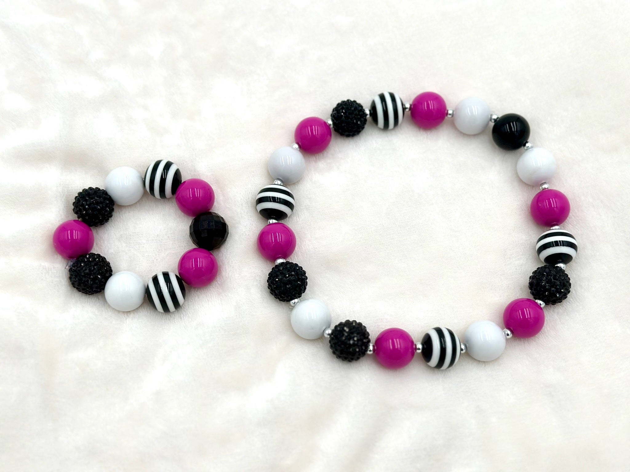 Pink/Black/White Beaded Necklace & Bracelet