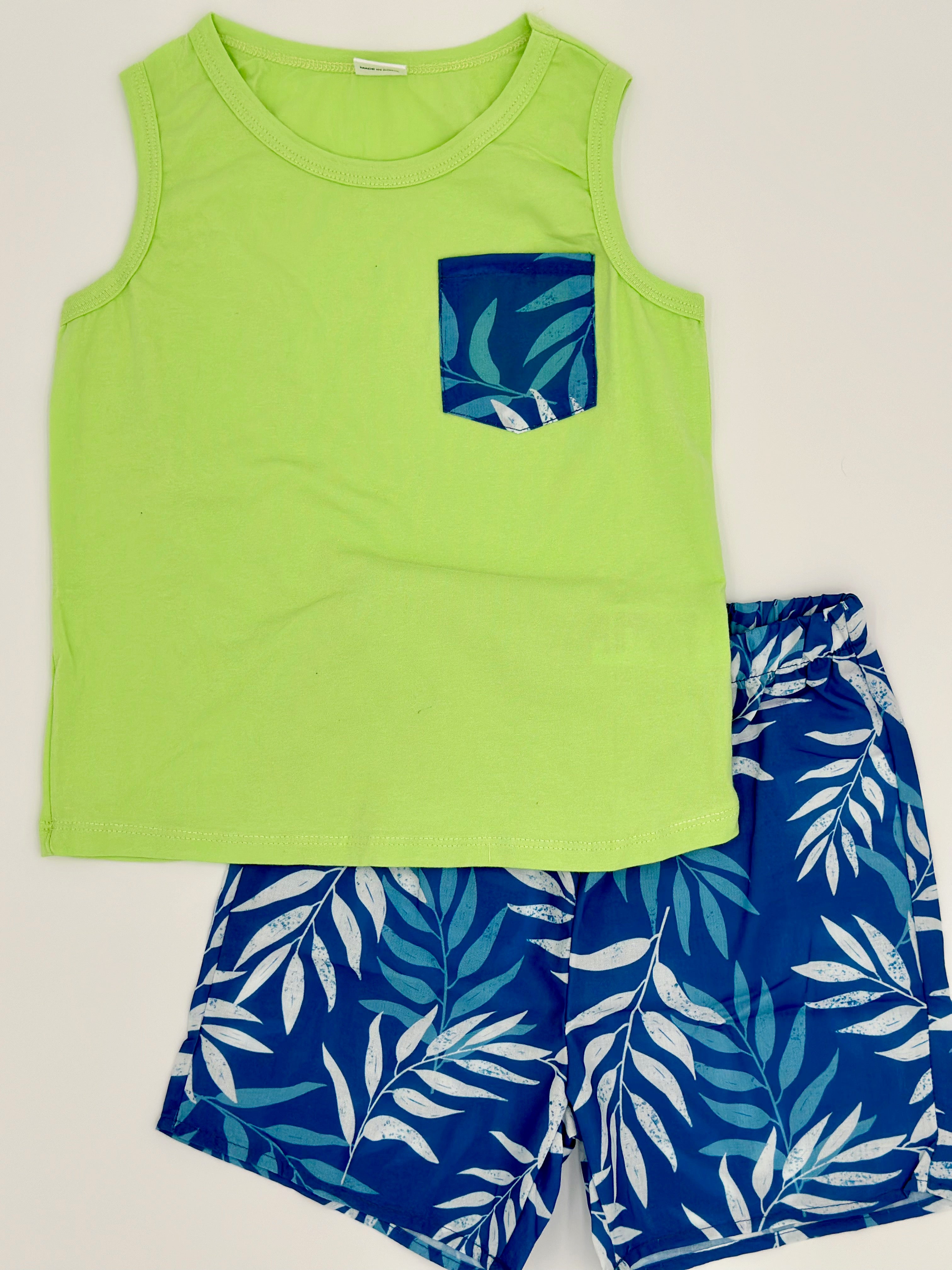 Green Hawaiian Pocket Tank and Blue Shorts Set