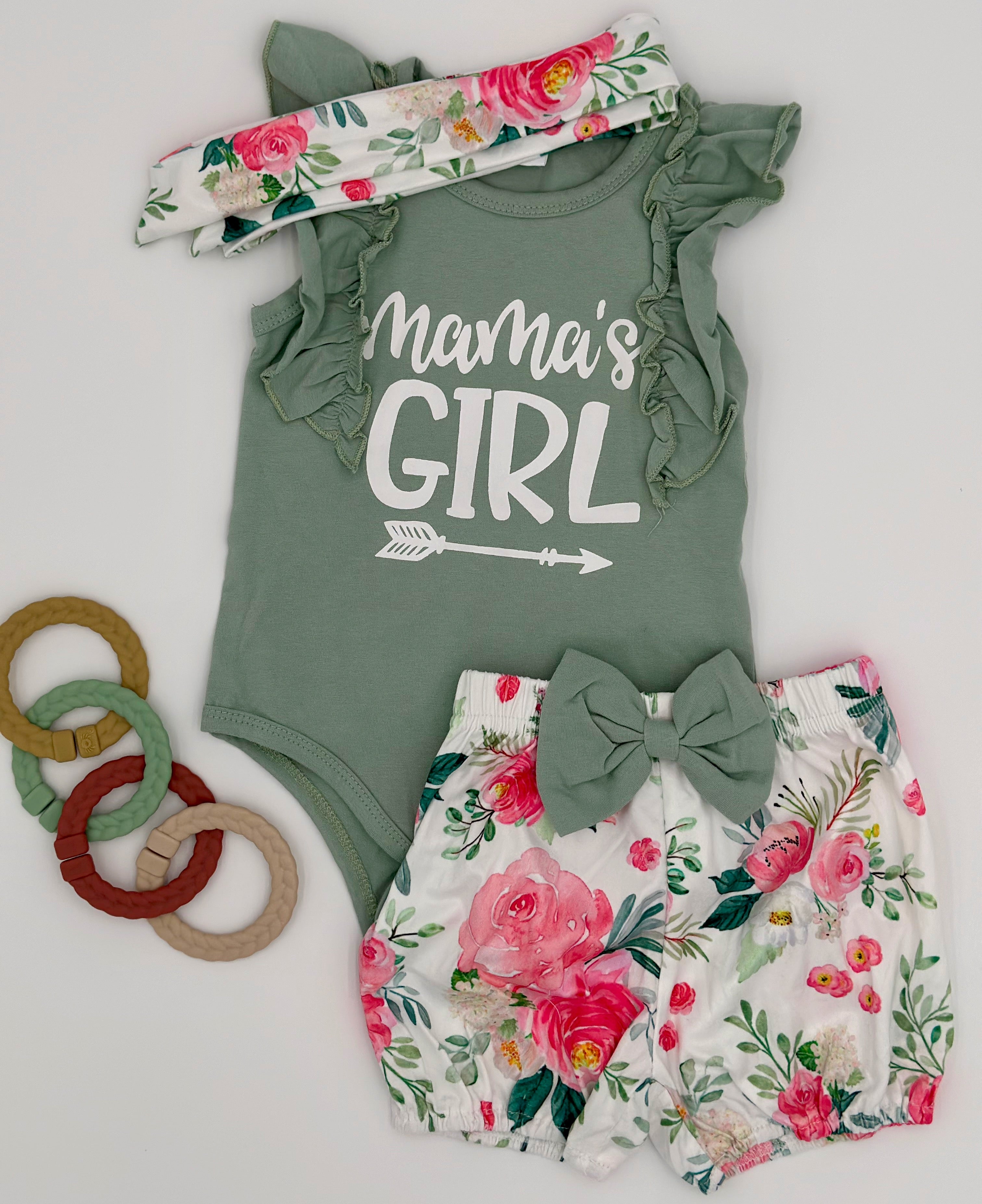 Mama's Girl Ruffled Trimmed Romper with Floral Print Shorts and Headband