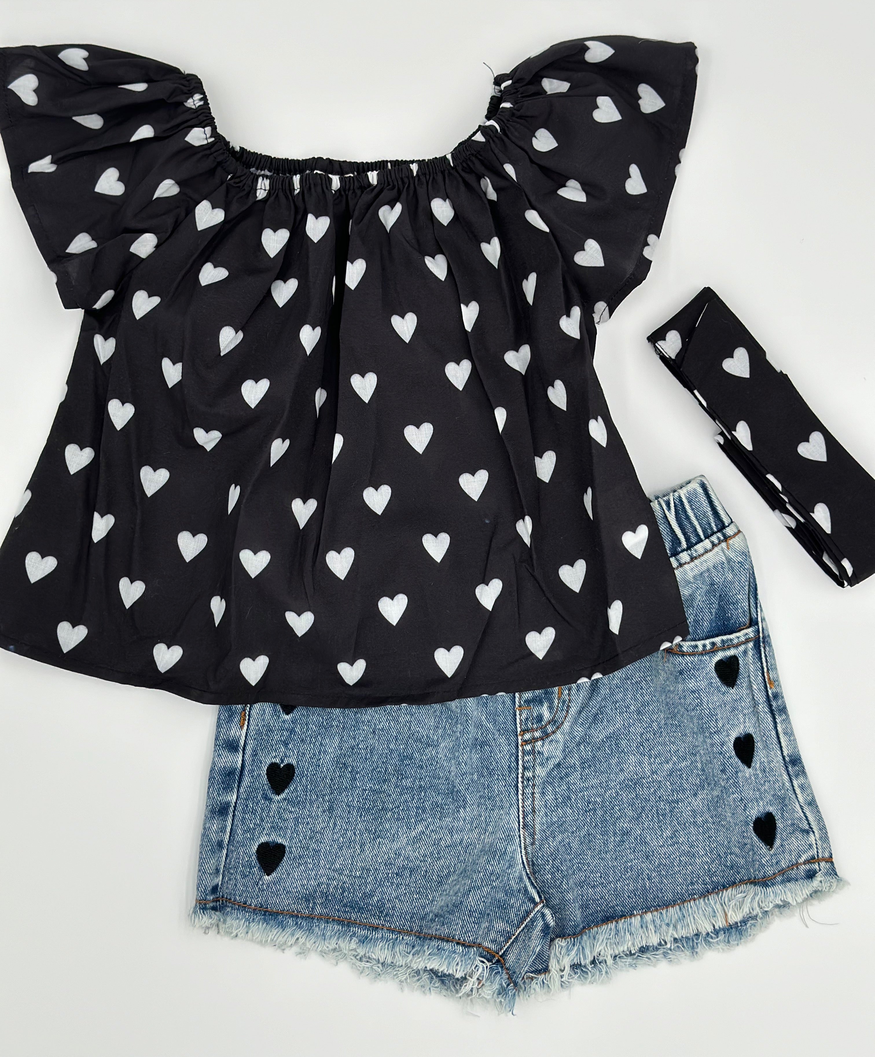 Heart Off Shoulder Blouse with Denim Shorts and Headband Set