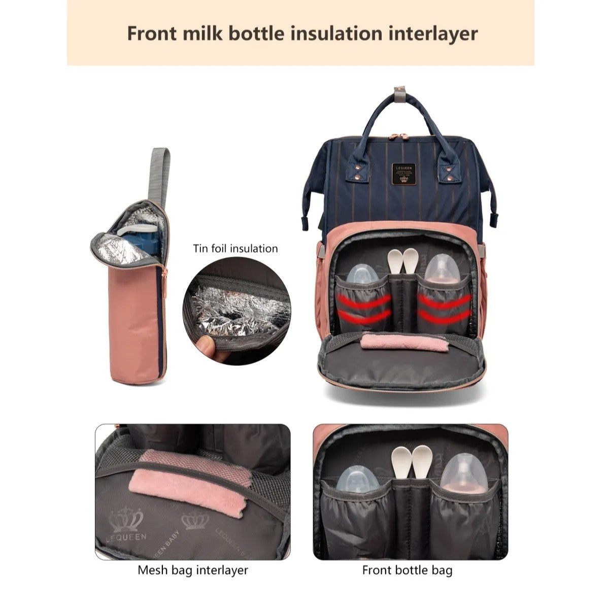 Pink diaper bag with rose gold accents and front pouch view