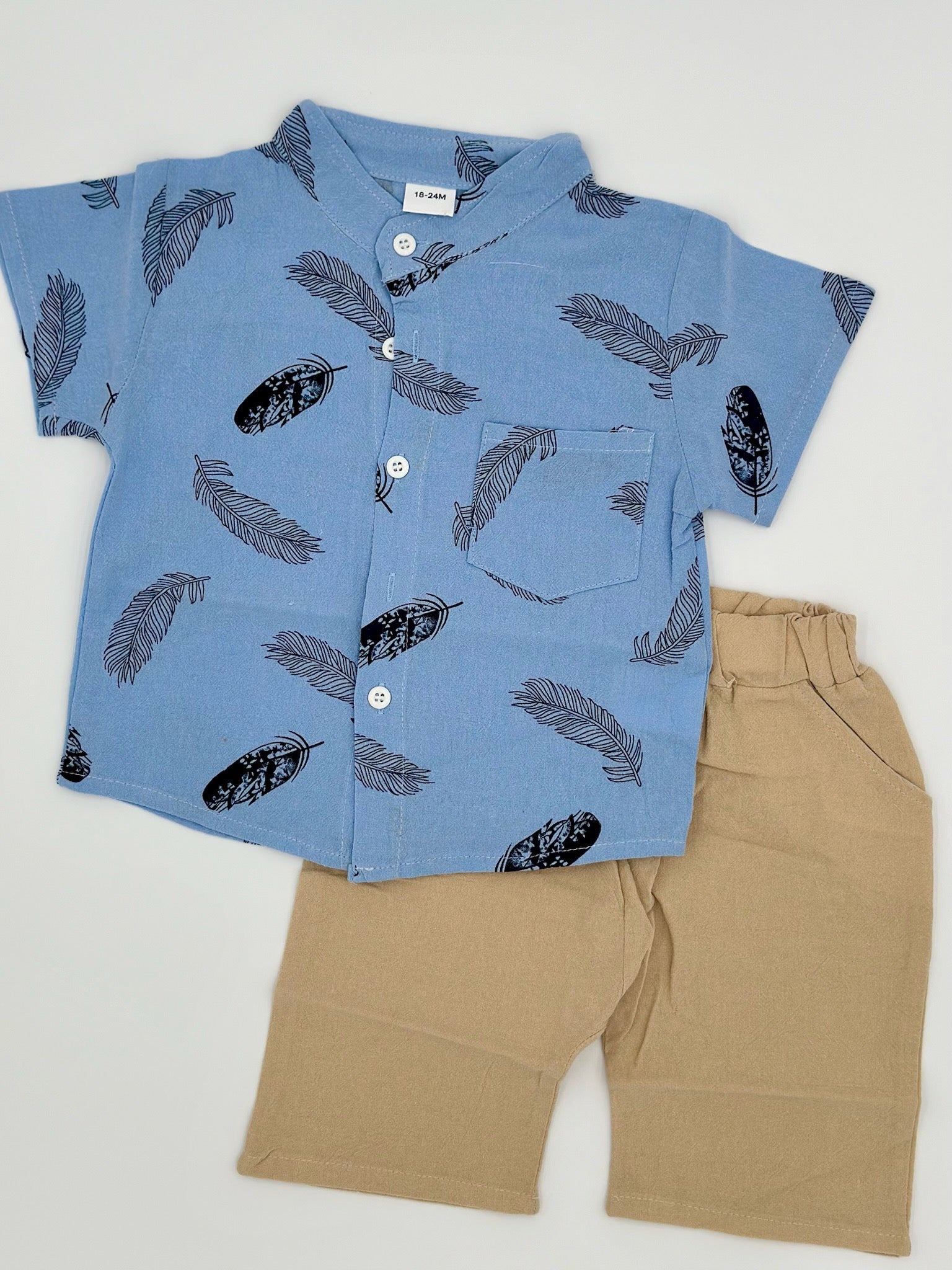 Boys Feather Print Shirt and Shorts - Blue