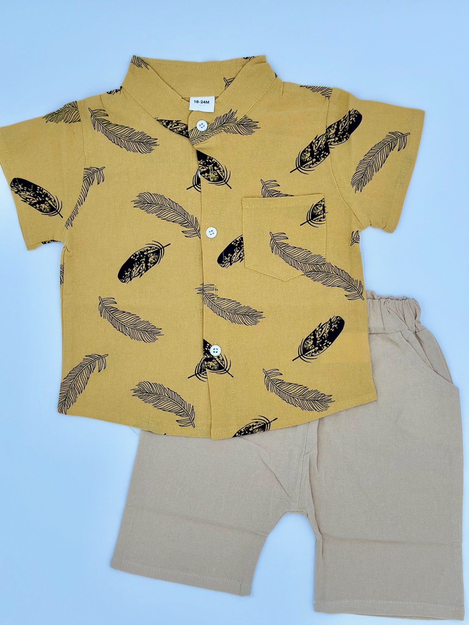 Boys Feather Print shirt and Shorts - Gold