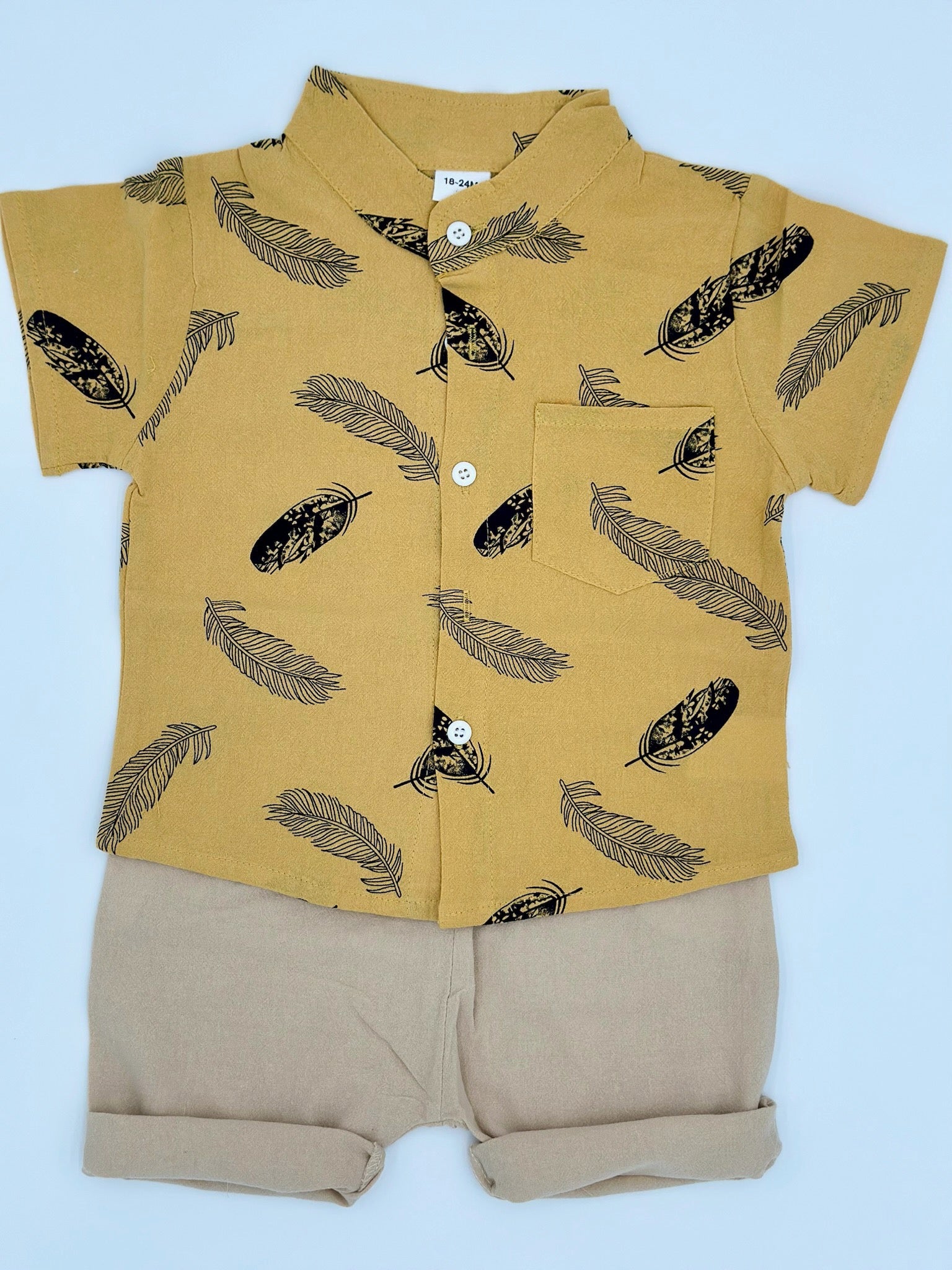 Boys Feather Print shirt and Shorts - Gold