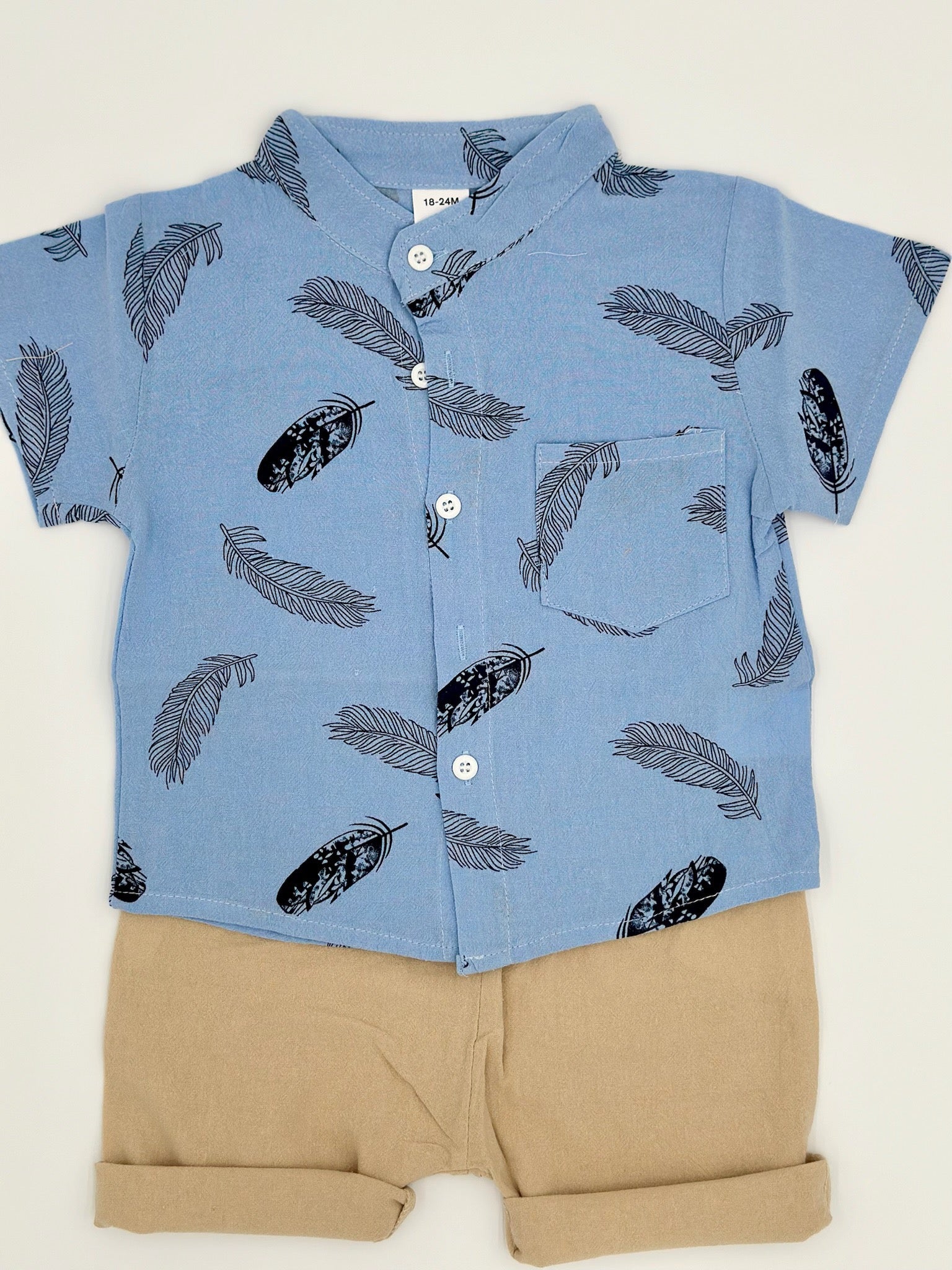 Boys Feather Print Shirt and Shorts - Blue