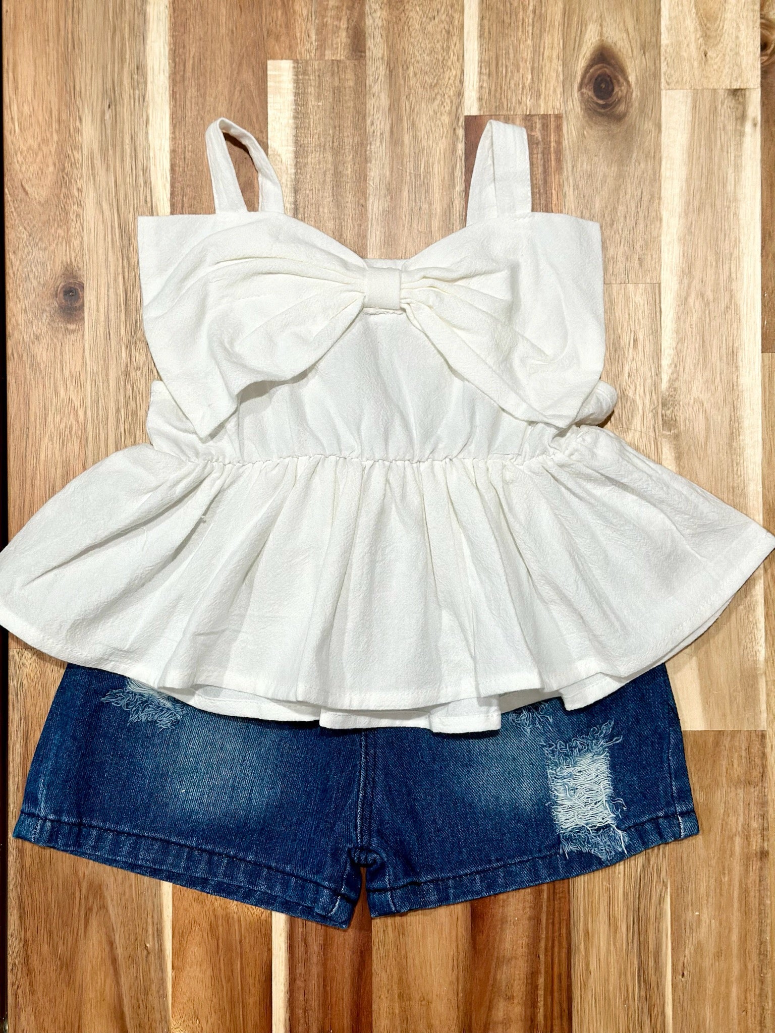 Cotton Bow Front Cami Top and Distressed Denim Shorts