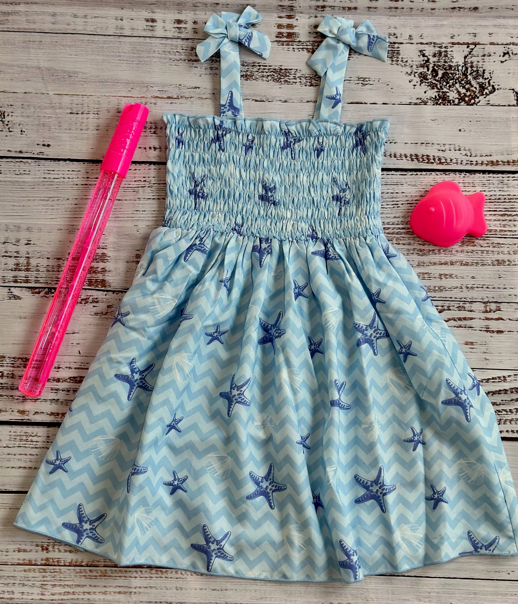 Starfish Print Smocked Bowknot Dress