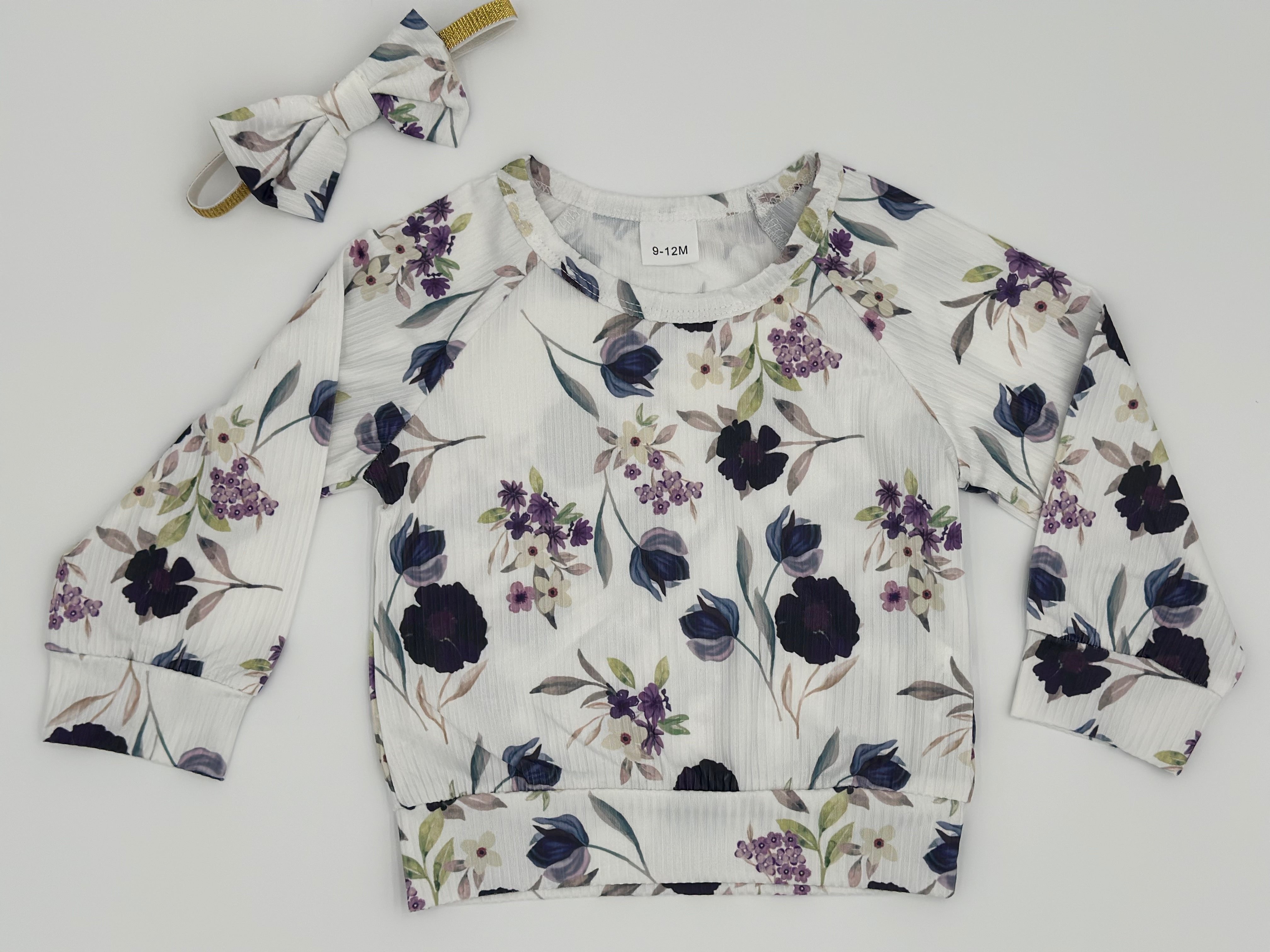 All Over Floral Rib Knit Log Sleeve Top and Purple Pants Set