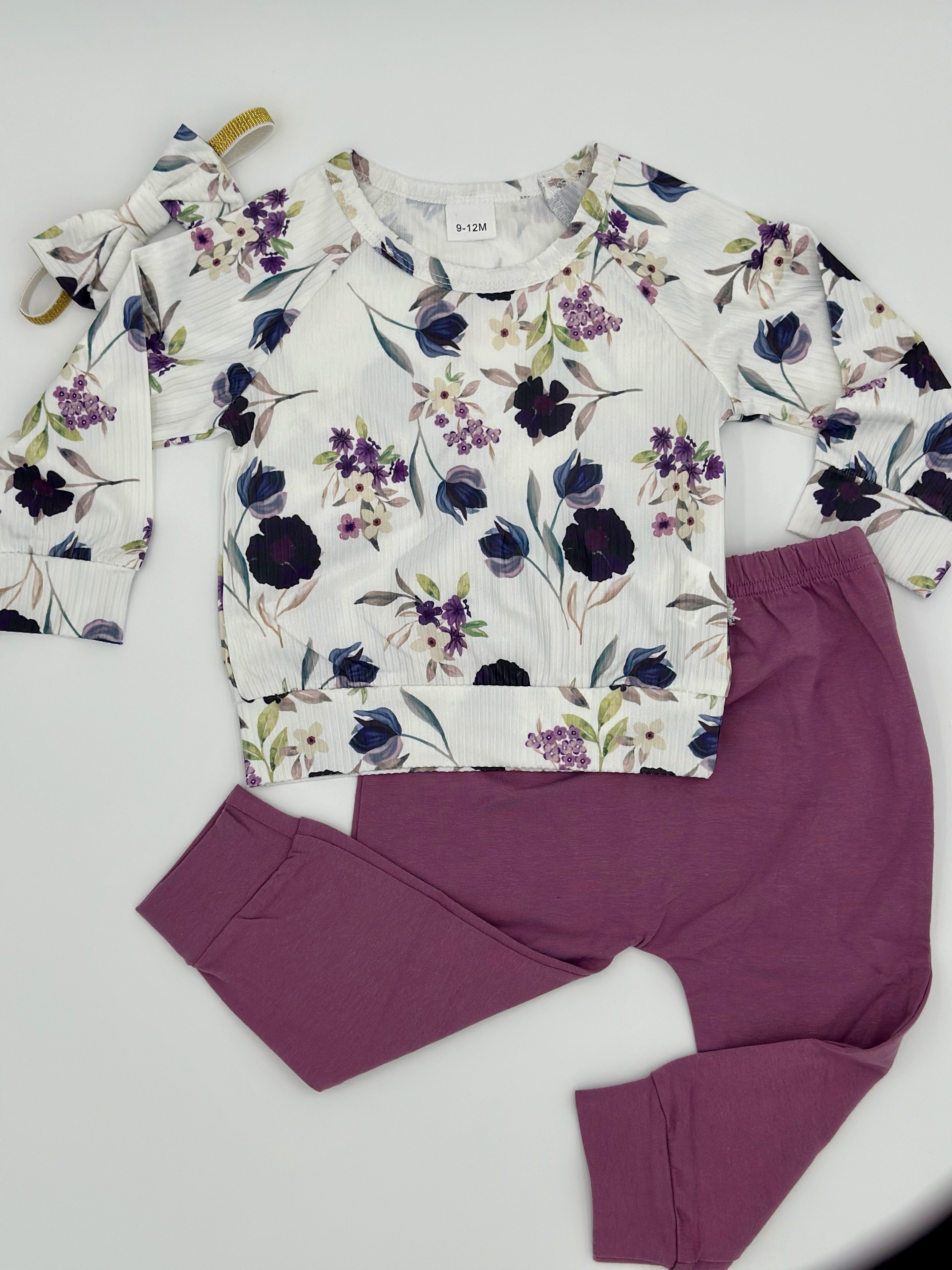 All Over Floral Rib Knit Log Sleeve Top and Purple Pants Set